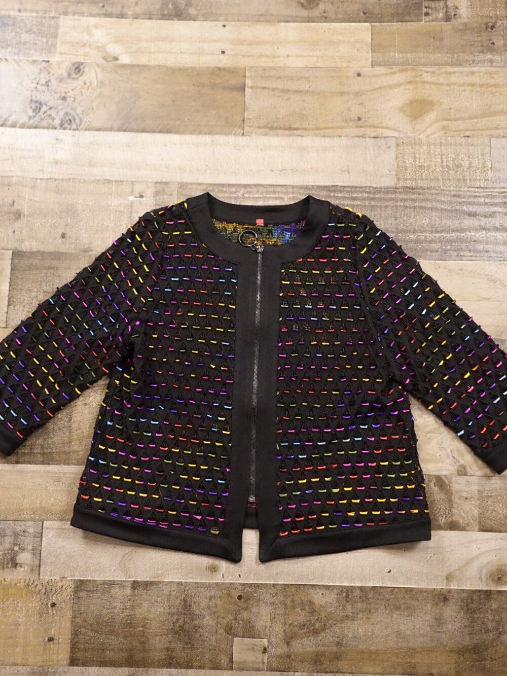 IC Collection Connie K Mesh Zip Jacket Women’s Large Black Rainbow Artwear Pride